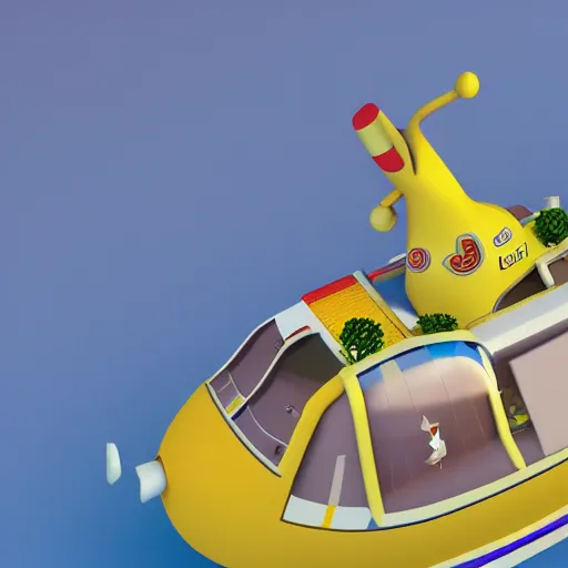 Prompt: a yellow submarine with hairy arms. 3 d render