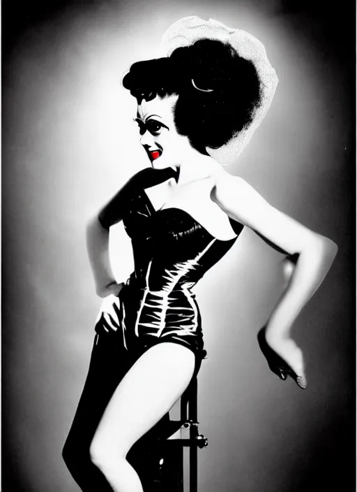 Prompt: pin - up photography of the bride of frankenstein, flash photography,