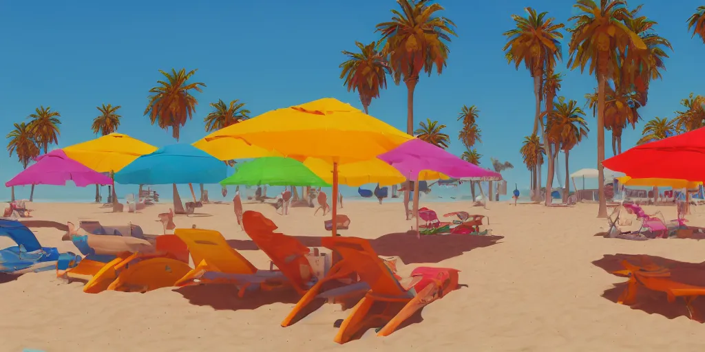 Prompt: a film still of a sunny and colourful beach scene in santa monica, los angelos by wes anderson, wide shot, sharp, rendered in unreal engine 5, bloom, dramatic lighting