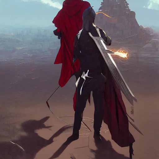 Image similar to view from the back shadow warrior holding twin swords, male villian, full body worn out torn cape, red hoodie, worn out clothes, floating spiral sand, desert, full body shot, anime style, 90's modern art, art by artgerm and greg rutkowski and alphonse mucha