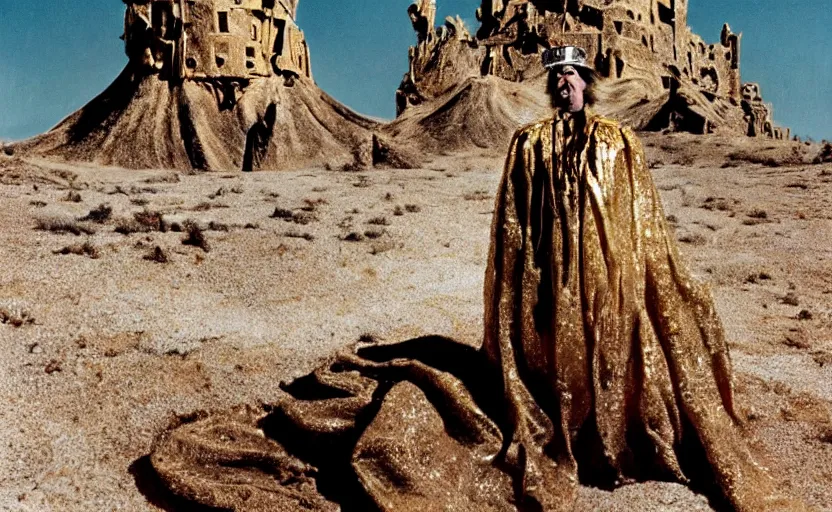 Image similar to portrait of salvador dali wearing a crown and golden dress with jewels in a dry rocky desert landscape, visible sky and sunny atmosphere, alien ruins by giger in the background, film still from the movie by alejandro jodorowsky with cinematogrophy of christopher doyle and art direction by hans giger, anamorphic lens, kodakchrome, very detailed photo, 8 k