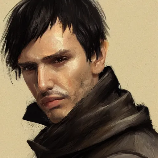 Image similar to portrait of a man by greg rutkowski, he is about 3 0 years old, short black hair with bangs, his features are a mix between french, turkish and russian, very tall and slender, he is wearing a beige and black utility jumpsuit, highly detailed portrait, digital painting, artstation, concept art, smooth, sharp foccus ilustration, artstation hq