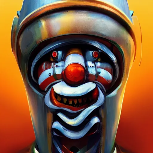 Image similar to concept art of robot clown by jama jurabaev, cinematic shot, brush hard, artstation, cgsociety, high quality, brush stroke