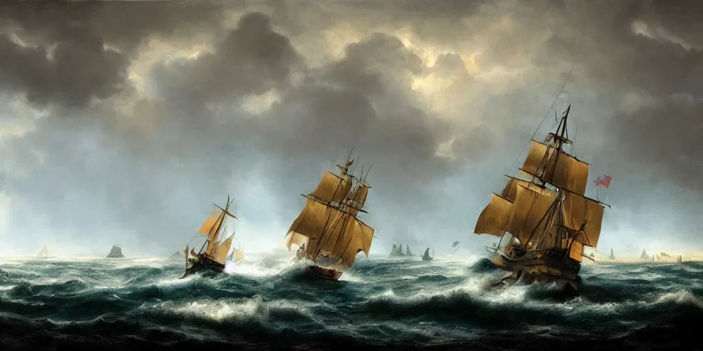 Image similar to a sail powered pirateship sailing through a powerful lighting storm, cliffs can be seen in the background, in the style of hudson river school, trending on art station, done in all blues