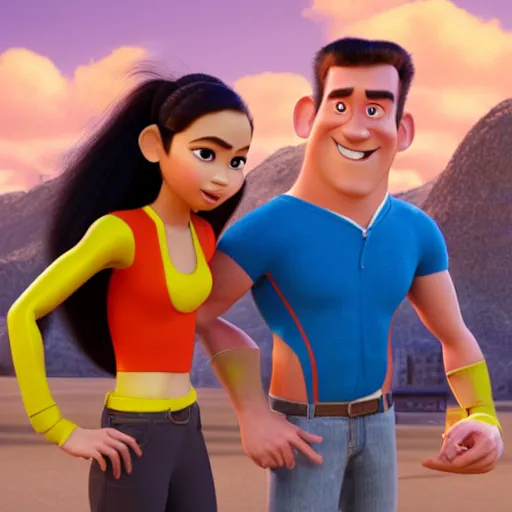 Prompt: young beautiful athletic Filipino woman with long hair and a handsome caucasian athletic man with buzzed hair, high widows peak, 5 o'clock shadow, both depicted as Pixar characters, high quality cg render