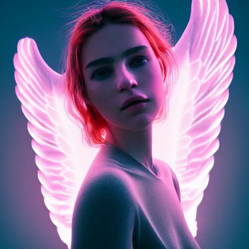 Image similar to portrait art of female angel, art by alessio albi 8 k ultra realistic, angel wings, lens flare, atmosphere, glow, detailed, intricate, full of colour, led lighting, trending on artstation, 4 k, hyperrealistic, focused, extreme details, unreal engine 5, masterpiece