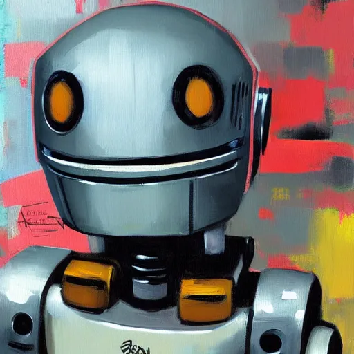 Prompt: oil painting of a robot with decals by ashley wood