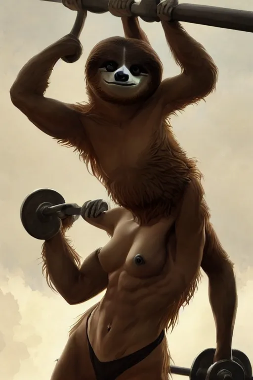 Image similar to anthro sloth lifting weights, dim dingy gym, dynamic pose, fantasy, intricate, elegant, highly detailed, digital painting, artstation, concept art, matte, sharp focus, illustration, art by artgerm and greg rutkowski and alphonse mucha