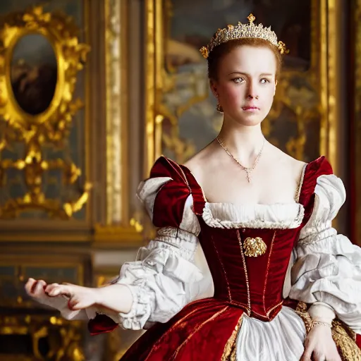 Image similar to young attractive beautiful duchess in versailles, wow 4 k detail fantasy, matte painting, realistic materials, photo realistic, postprocessing, cinematic, hyperrealistic, studio lighting, ekaterina, the tudors, photography by richard jenkins