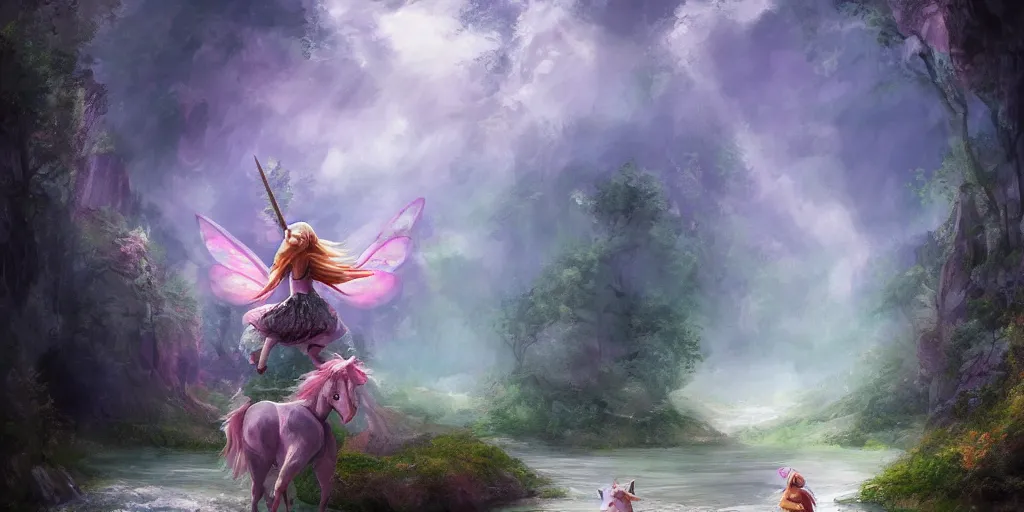 Image similar to full body fairy little girl riding a unicorn in pacing through hills, crossing the river, mountain valley to fortress, fine art, artstation, digital art, masterpiece