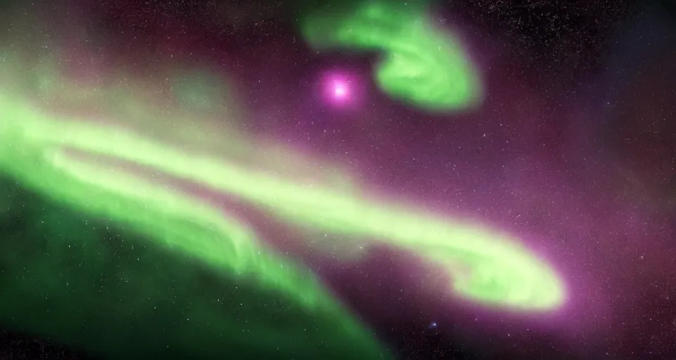 Prompt: screenshot from the new sci - fi film directed by denis villeneuve 4 k. cinema. close orbital of a new alien world nested within an asteroid belt nebula. purple and green lightning aurora upon it's surface.