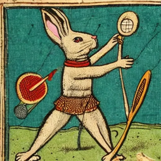 Prompt: a medieval book illustration of a rabbit playing tennis