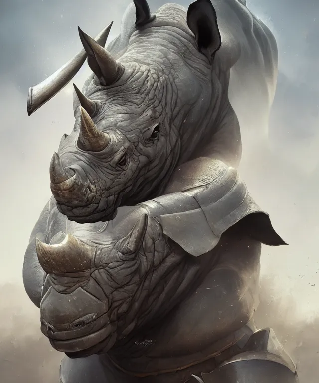 Image similar to A beautiful portrait of an anthropomorphic rhino wearing paladin armor, front facing!!, character design, by Tooth Wu and greg rutkowski and artgerm, hyper realism, high detail, trending on artstation, unreal engine 5, Lumen, 8k, 38mm photography