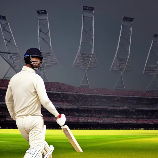 Image similar to ronaldo, playing cricket, large stadium, early morning, high - res, cyberpunk aesthetic