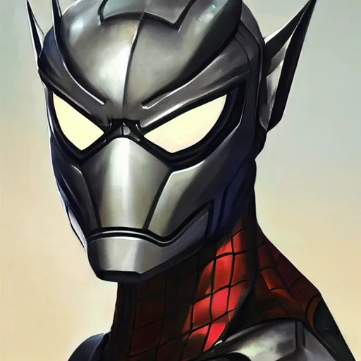 Image similar to greg manchess portrait painting of armored spiderman ultraman grey fox from metal gear cyborg gay japanese - american hybrid as overwatch character, medium shot, asymmetrical, profile picture, organic painting, sunny day, matte painting, bold shapes, hard edges, street art, trending on artstation, by huang guangjian and ail elvgren and sachin teng