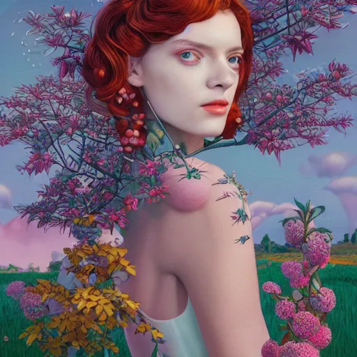 Image similar to pretty model with orchards and clouds : : by martine johanna and simon stalenhag and chie yoshii and casey weldon and wlop : : ornate, dynamic, particulate, rich colors, intricate, elegant, highly detailed, vogue, harper's bazaar art, fashion magazine, smooth, sharp focus, 8 k, octane render