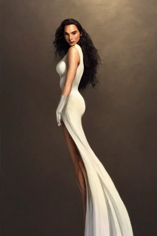 Prompt: a stunning full body portrait of Gal Gadot wearing a divine white dress, fantasy art by Frank Frazetta and Boris Vallejo, highly detailed, trending on artstationhq