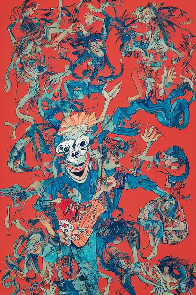 Prompt: painting animal puppet show head banging drummer 9 0 s music song groove is in the heart, we're going to dance and have some fun, painted by james jean in chinese style