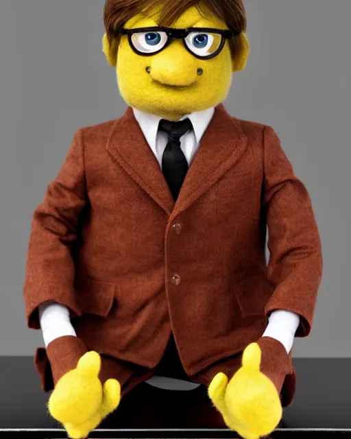 Prompt: dwight schrute with brown suit as a muppet. highly detailed felt. hyper real photo. 4 k.