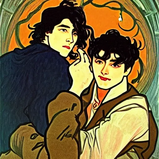 Image similar to painting of young cute handsome beautiful dark medium wavy hair man in his 2 0 s named shadow taehyung and cute handsome beautiful min - jun together at the halloween! party, bubbling cauldron!, candles!, smoke, autumn! colors, elegant, wearing suits!, delicate facial features, art by alphonse mucha, vincent van gogh, egon schiele