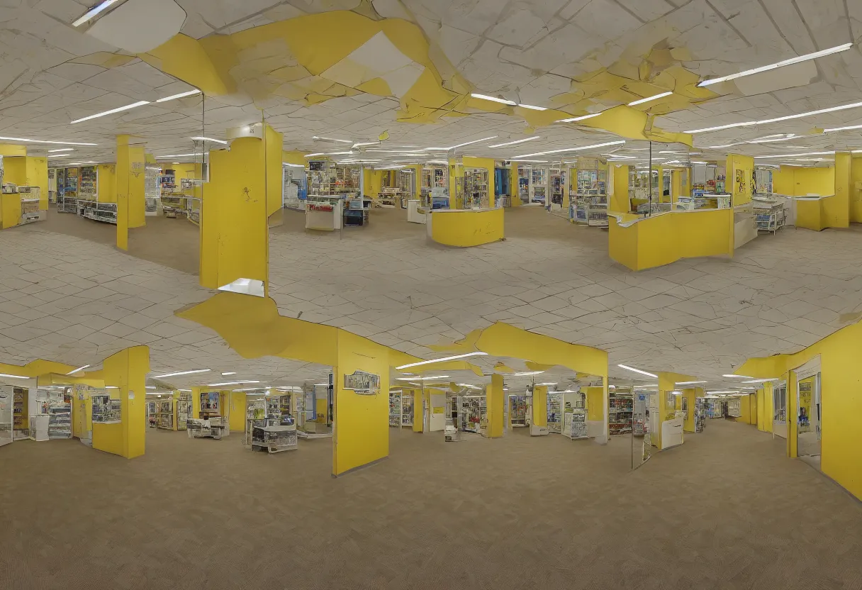 Image similar to space which resembles the back rooms of a retail outlet, spanning approximately 600 million square miles. All rooms throughout Level 0 share the same superficial aspects: mono-yellow wallpaper, old moist carpet, and inconsistently placed fluorescent lighting. Beyond these main features, no two rooms are identical. 4k, HD, photorealistic