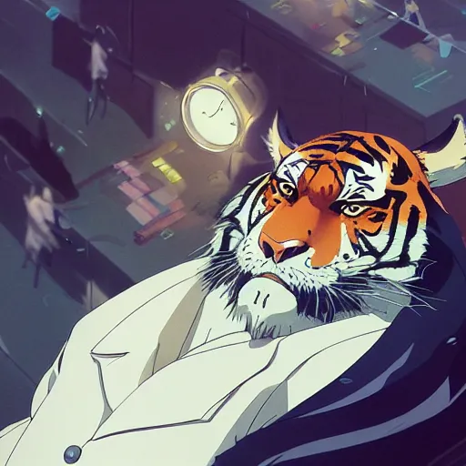 Image similar to a tiger wearing a business suit, illustration concept art anime key visual trending pixiv fanbox by wlop and greg rutkowski and makoto shinkai and studio ghibli and kyoto animation symmetrical facial features