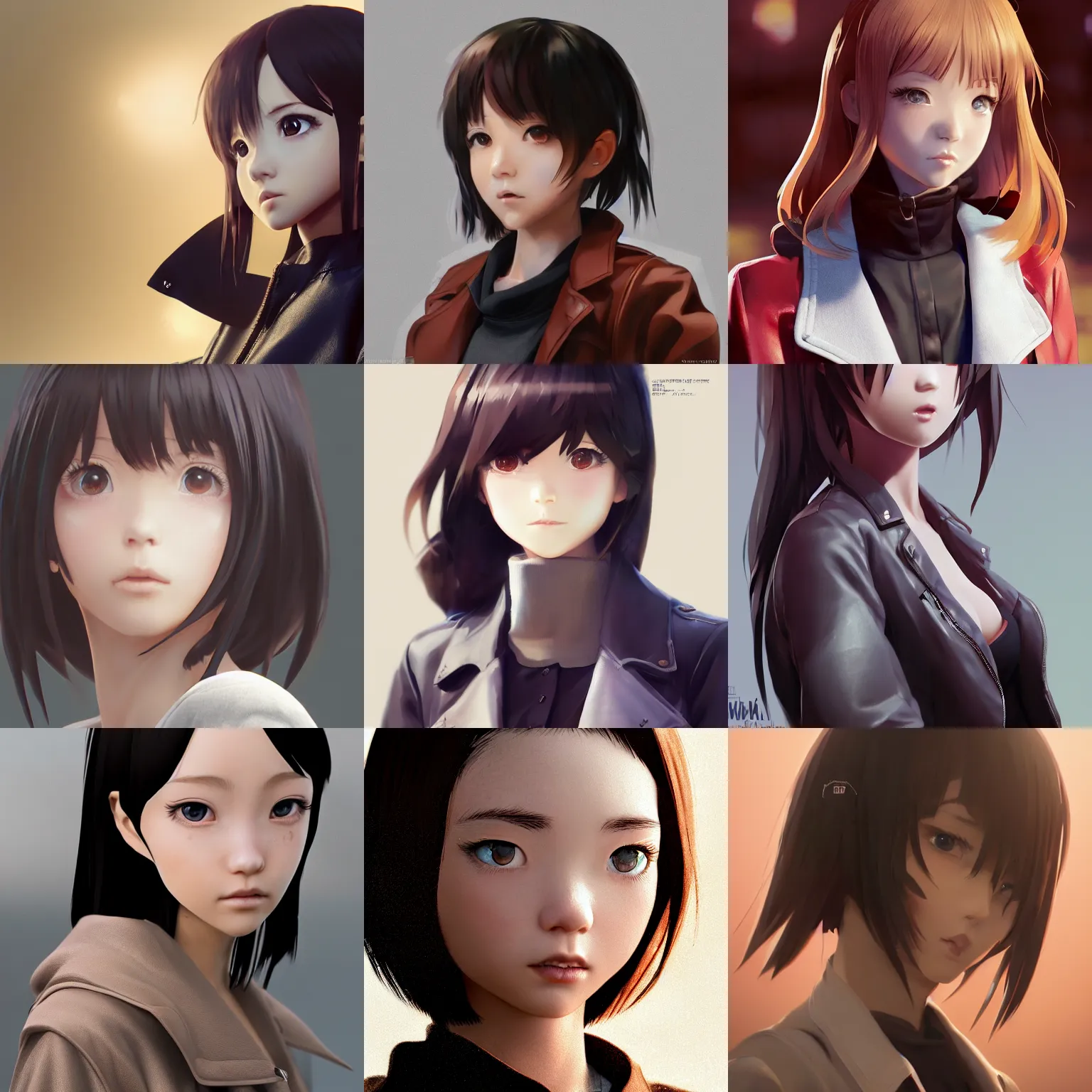 Image similar to clothed, worksafe. cgsociety, by wlop, ilya kuvshinov, krenz cushart, greg rutkowski, trending on artstation. zbrush sculpt, octane, maya, houdini, vfx. close - up face of a cute anime japanese filipino girl wearing leather jacket. cinematic dramatic atmosphere, sharp focus, volumetric lighting.