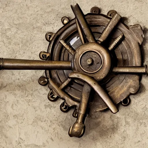 Image similar to a martian artifact in a museum, bronze, old, alien, mechanical, gears