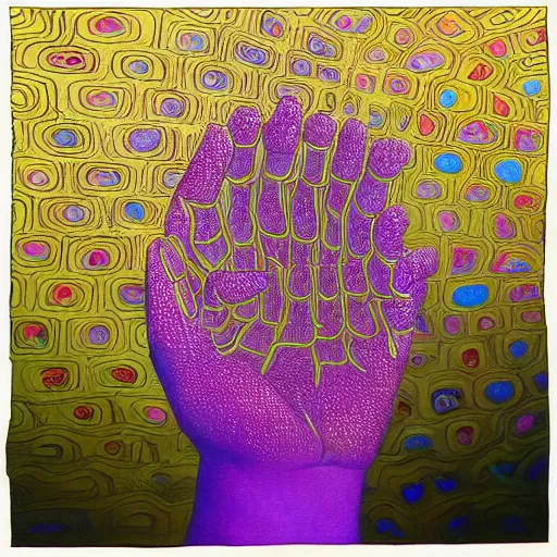 Prompt: A drawing. A rip in spacetime. Did this device in his hand open a portal to another dimension or reality?! bismuth by Sandy Skoglund exciting