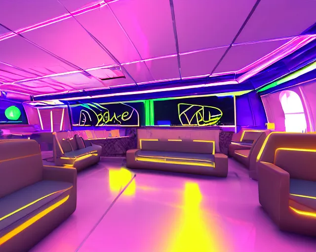 Image similar to Bar and nightclub inside a widebody plane with neon lights and sofas filled with partygoers, digital rendering, unreal engine 5