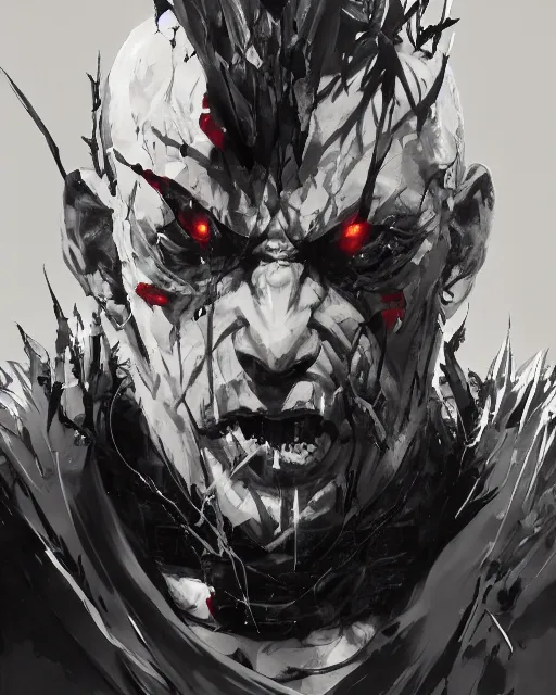 Image similar to bald man with spikes through his eys and skullwide evil grin, black robe, painting by yoji shinkawa, alphonse murac, craig mullins, sui ishida, yoshikata amano, collaborative painting, very detailed and high quality, 4 k, 8 k, artstation