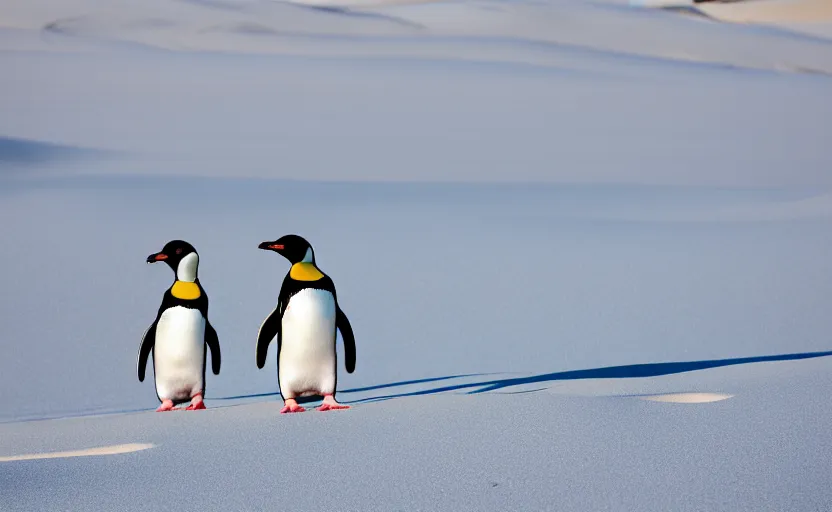 Image similar to confused penguins in sand dunes, photography