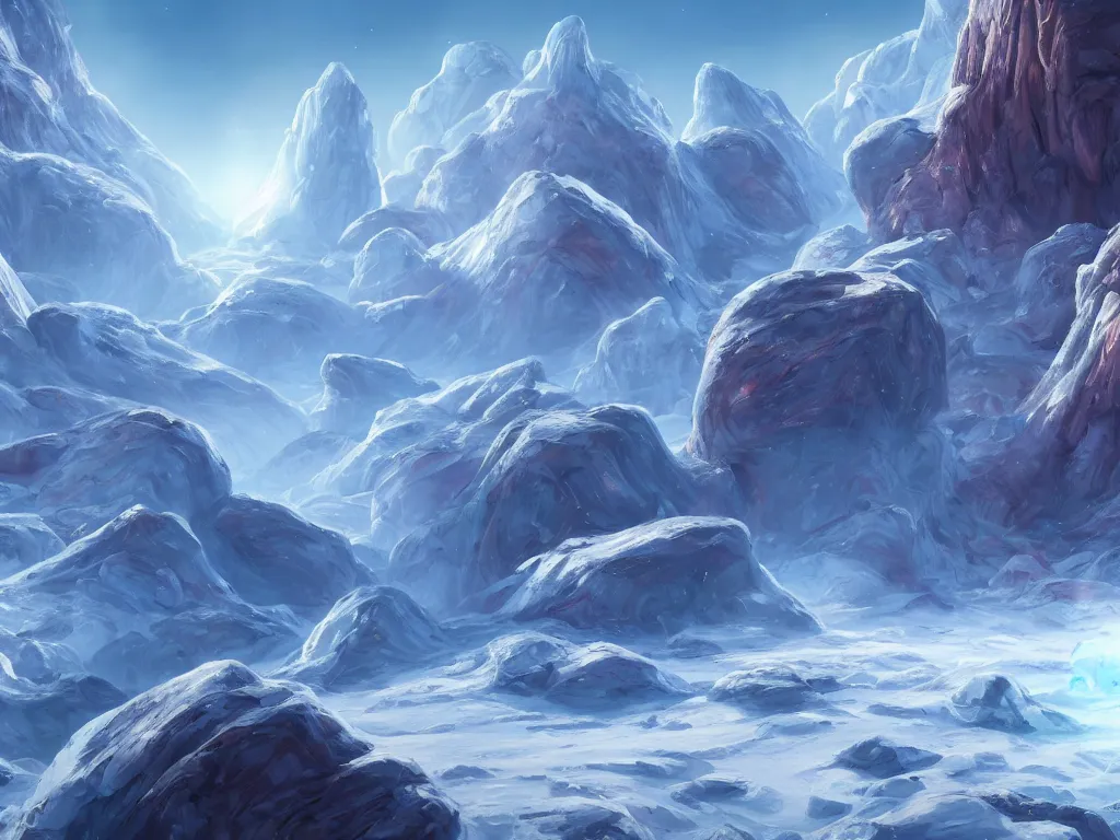 Prompt: A painting of translucent crystal rocks and mountains on frozen alien planet by noah bradley; hyperrealistic, 4K wallpaper, Unreal Engine, highly detailed, beautiful