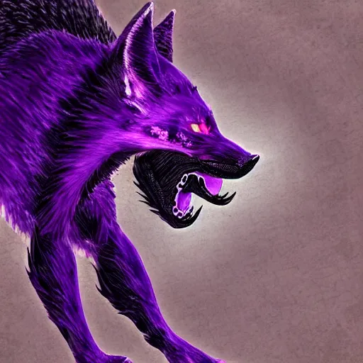 Image similar to feral chimera of a black fox and black dragon, with purple eyes, fantasy forest background, digital art