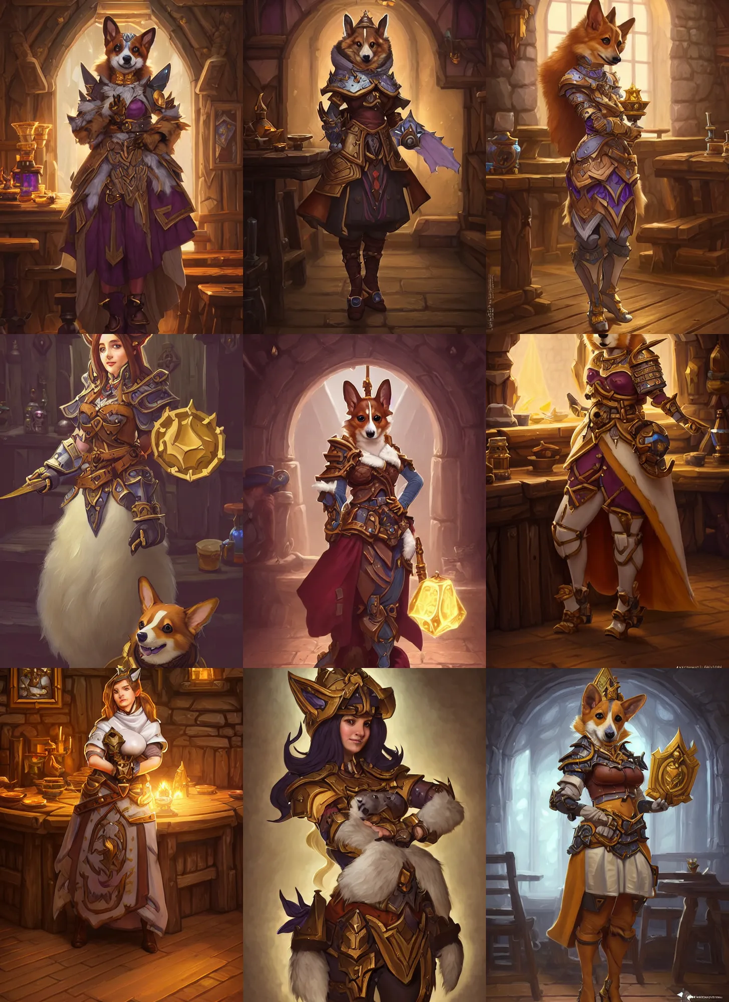 Prompt: full body photograph of a female anthropomorphic corgi fursona paladin in a tavern, deep focus, intricate, elegant, highly detailed, digital painting, artstation, concept art, matte, sharp focus, illustration, d & d, fantasy, hearthstone, art by artgerm and greg rutkowski and alphonse mucha