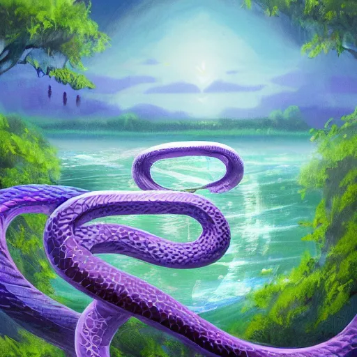 Prompt: a purple head of a serpent with big white eyes, sticking above the water in the mangroves, marshes, trending on artstation, 4 k, video game art, oil painting