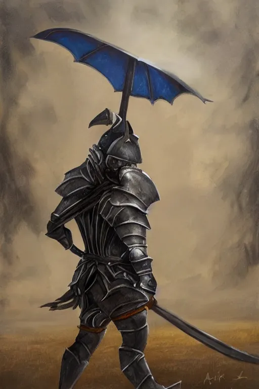 Prompt: a fantasy oil painting, concept art, a knight in full armor holding an unbrella