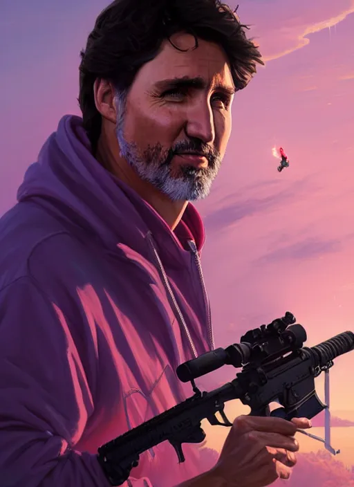 Image similar to highly detailed portrait justin trudeau in ( ( pink hoody ) ) holding ar - 1 5! ( setting costa rica ) in gta v stephen bliss unreal engine fantasy art by greg rutkowski loish rhads ferdinand knab makoto shinkai lois van baarle ilya kuvshinov rossdraws tom bagshaw global illumination radiant light detailed intricate environment