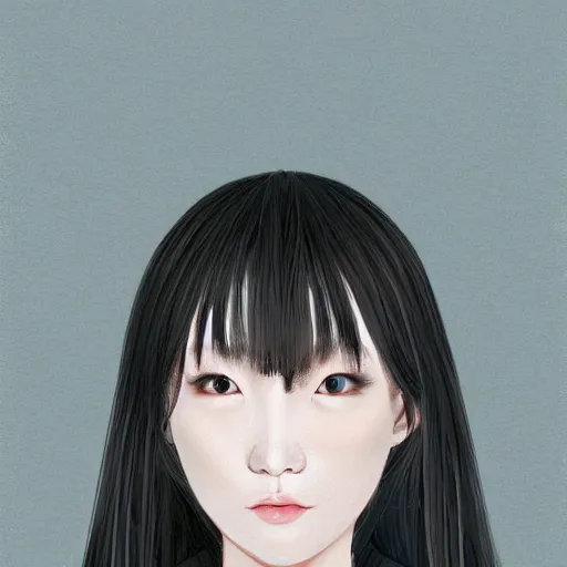 Image similar to portrait of a beautiful korean girl wearing a men's tuxedo, with long hair and bangs, angular features, angry expression, digital art, elegant pose, detailed illustration