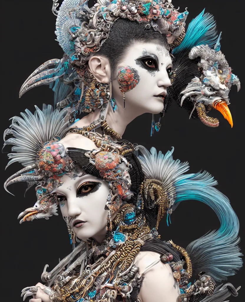 Image similar to 3 d goddess close - up profile portrait punk with mohawk with ram skull. beautiful intricately detailed japanese crow kitsune mask and clasical japanese kimono. betta fish, jellyfish phoenix, bio luminescent, plasma, ice, water, wind, creature, artwork by tooth wu and wlop and beeple and greg rutkowski