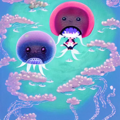 Image similar to The Omnious Black Jellyfish, painting by Chiho Aoshima, Yoshitomo Nara, Huang Yuxing and Aya Takano , Superflat art movement, chibi, , very ethereal, , oil inks, very ethereal, silver light, nacre colors