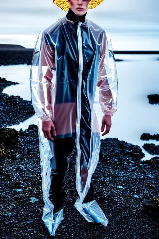 Image similar to an ultra high definition professional high fashion portrait studio full length photograph of a male model wearing a transparent pearlescent raincoat and neon visor in an icelandic black rock environment at dawn. no artefacts. extremely detailed. stark. refraction. shallow depth of field. volumetric light and shadow. ray tracing. light rays.