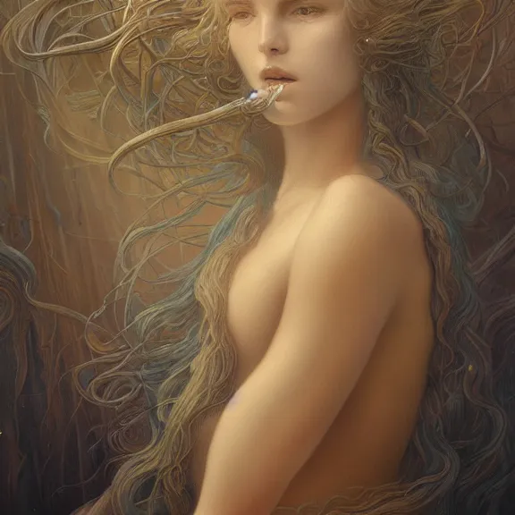 Prompt: a highly detailed beautiful portrait in the style of jean delville and in the style of peter mohrbacher.