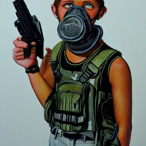 Image similar to detailed details art concept a 1 5 year old teenager, wears a singlet shirt, shorts and fanny packs and sometimes wears a gas mask, handling ak 4 8 in the style of bob peak and alex ross, gouache and wash paints color, detailed details facial and body and human and environments and proportionate, detailed 5 k details.