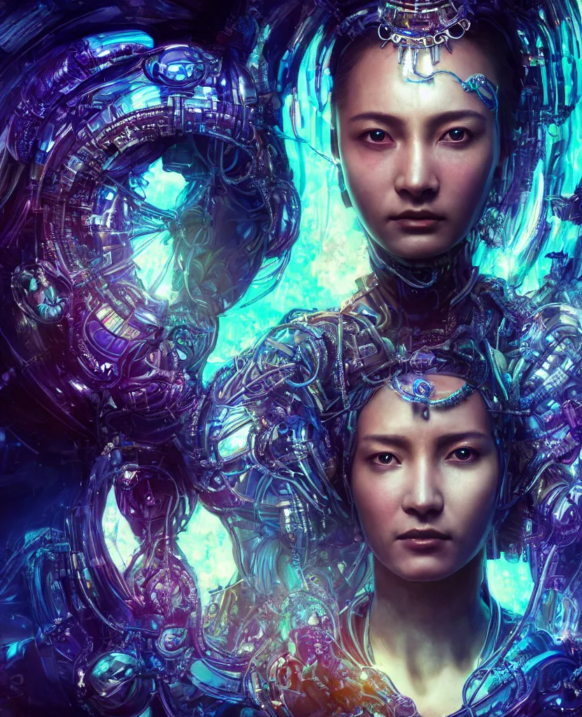Prompt: epic ethnic cyberpunk close-up macro portrait of the face of a beautiful princess, epic angle and pose, symmetrical artwork, 3d with depth of field, blurred background, cybernetic orchid flower butterfly jellyfish crystal, obsidian, female face skull phoenix bird, translucent, nautilus, energy flows of water and fire. a highly detailed epic cinematic concept art CG render. made in Maya, Blender and Photoshop, octane render, excellent composition, cinematic dystopian brutalist atmosphere, dynamic dramatic cinematic lighting, aesthetic, very inspirational, arthouse. y Greg Rutkowski, Ilya Kuvshinov, WLOP, Stanley Artgerm Lau, Ruan Jia and Fenghua Zhong