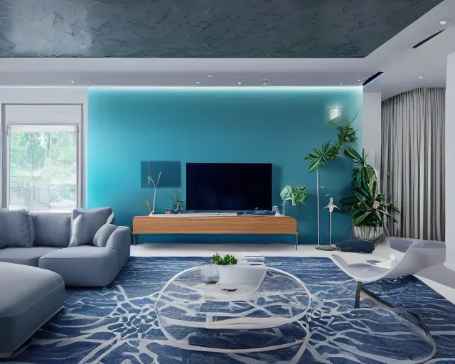 Prompt: A modern living room in a ocean hues style, calm, realsxed style, harmony, wide angle shot, 8k resolution