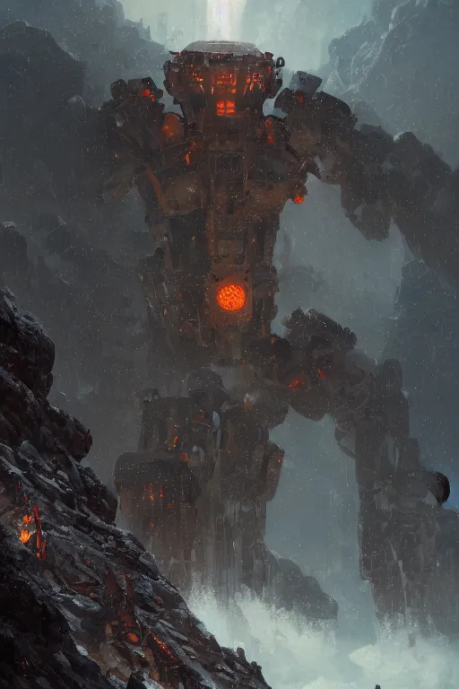 Image similar to a detailed portrait of a giant mechanical humanoid buried beneath the mountains by Greg Rutkowski, Sung Choi, Mitchell Mohrhauser, Maciej Kuciara, Johnson Ting, Maxim Verehin, Peter Konig, final fantasy, Marco lense , 8k photorealistic, cinematic lighting, HD, high details, atmospheric , trending on artstation