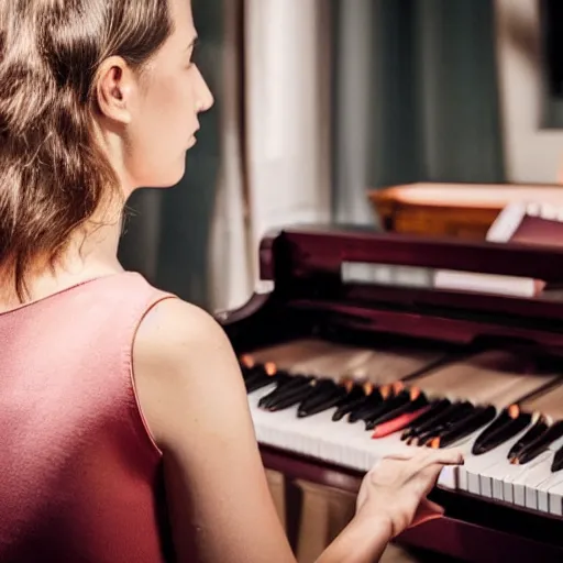 Prompt: a beautiful photo of a sad woman playing piano looking at the camera