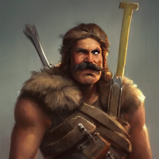 Image similar to portrait old barbarian warrior with trucker mustache and short hair, 8 k, trending on art station, by tooth wu and greg rutkowski