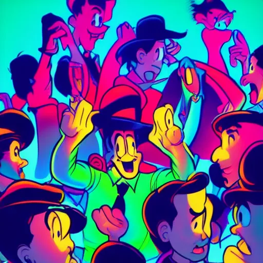 Image similar to young people in a fancy nightclub dancing and drinking, partylights, great colors, in the style of carl barks, trending on artstation